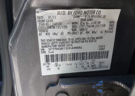 2013 Ford F-250 Xlt из США, поврежденный, VIN 1FT7W2BT3DEA55552